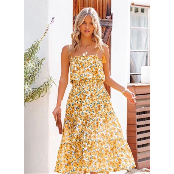 SWEET SUNFLOWER COTTON POCKETED SMOCKED MIDI DRESS